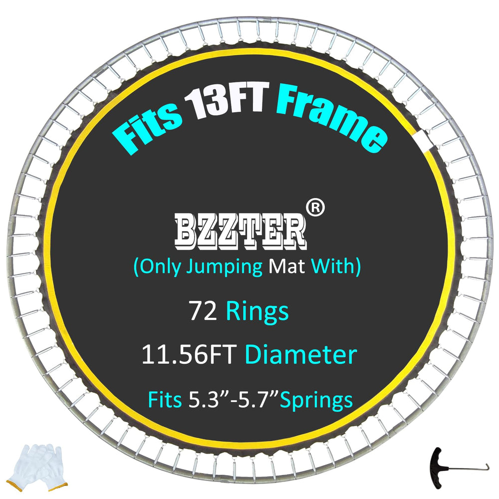 Bzzter replacement trampoline mat front view showing 72 V-rings and fit for 13ft frame benefit: easy size confirmation