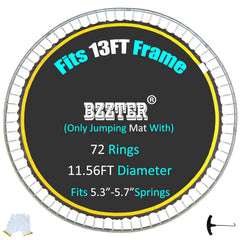 Bzzter replacement trampoline mat front view showing 72 V-rings and fit for 13ft frame benefit: easy size confirmation