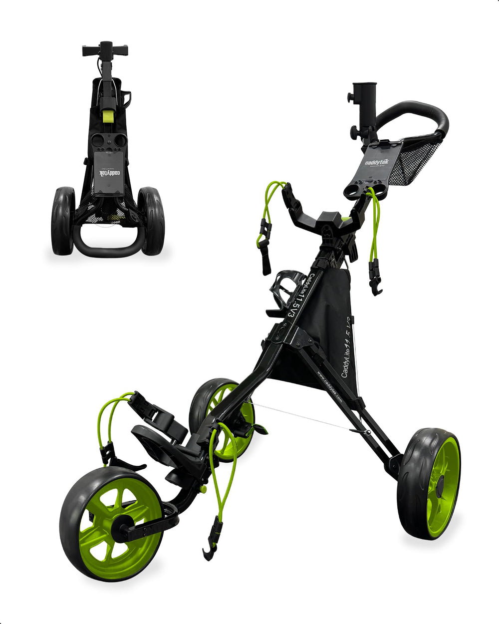 Caddytek front profile showing streamlined frame and balanced stance benefit portability
