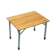 Camco front view of folded bamboo table showing natural top and stability benefits