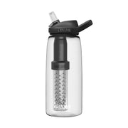 CamelBak Eddy+ Lifestraw clear bottle front view showing capacity and label benefit