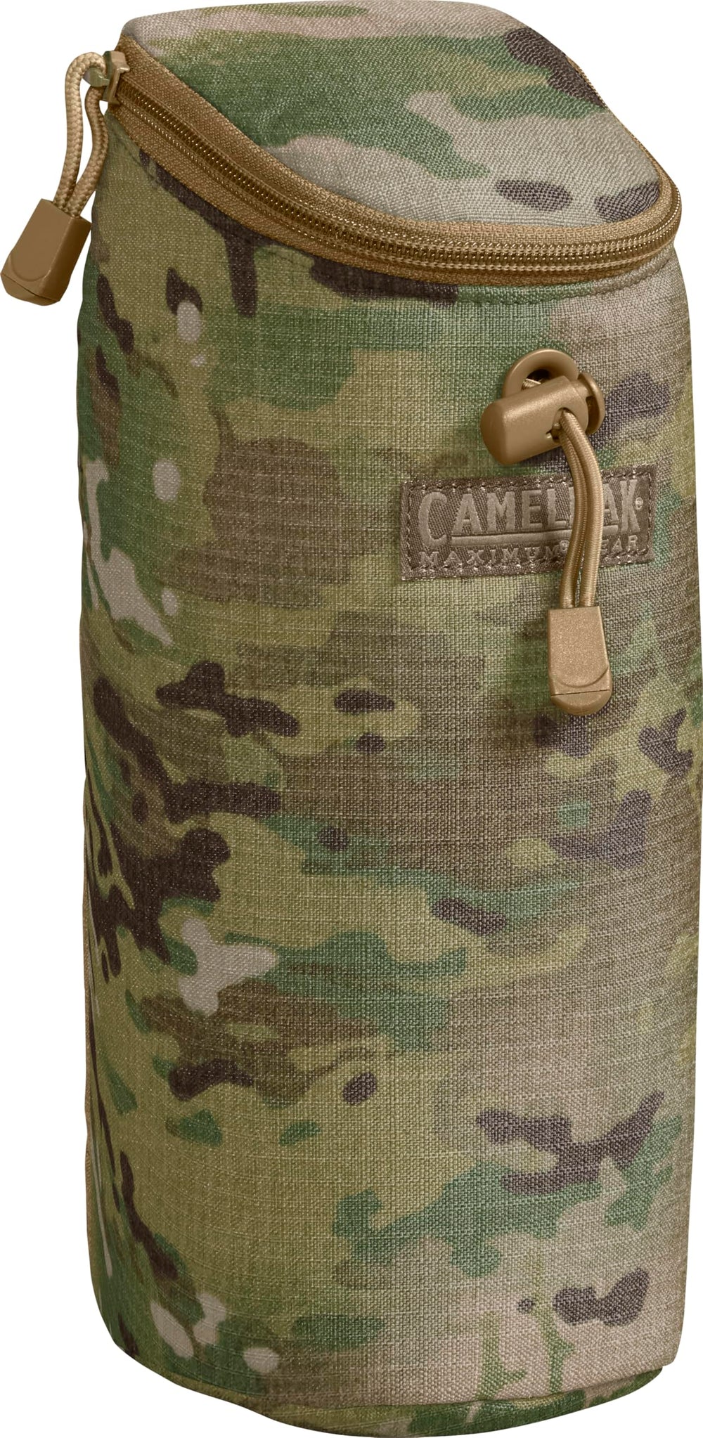 CamelBak Max Gear Tactical Bottle Pouch front view in Multicam showing secure zipper and MOLLE attachment benefit