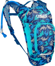 CamelBak Mini M.U.L.E. front view showing shark design and quick access pockets, ideal for kids