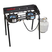 Camp Chef front view showing portable two-burner stove and controls for reliable cooking