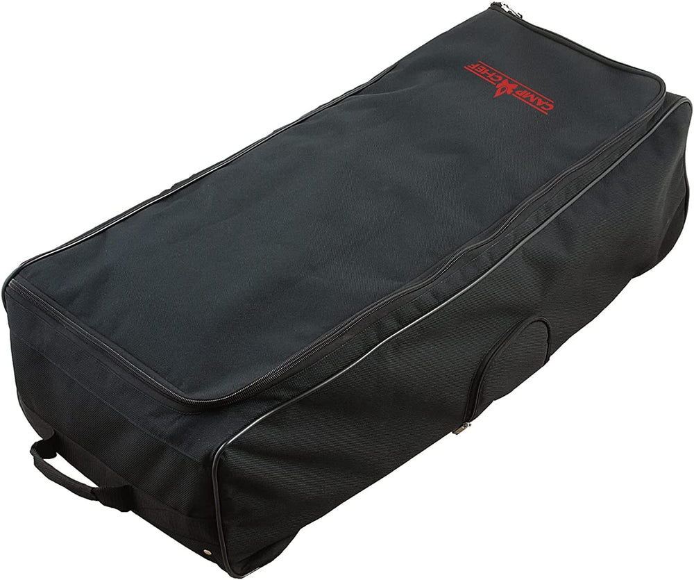 Camp Chef roller carry bag front view showing wheels and handles for easy transport