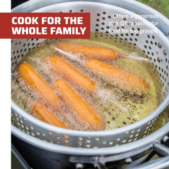 Camp Chef pot cooking seafood boil outdoors showing fast even heating benefit