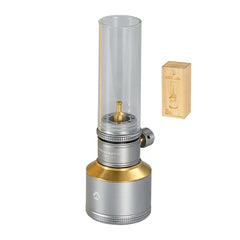 CAMPINGMOON front view showing silver candle lantern and glass globe, ideal soft table light