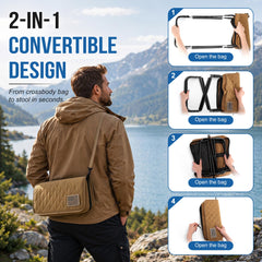 Camplist folded into crossbody sling bag demonstrating hands-free carry convenience