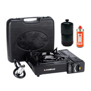Camplux front view with case showing compact portability and easy transport