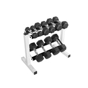 CAP front view of full 150 lb dumbbell set and rack showing organized storage and quick access