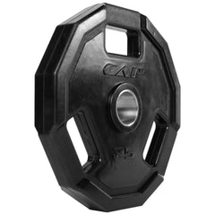 CAP Barbell plate in use while loading an Olympic bar demonstrating secure grip handling