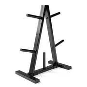 CAP Barbell front view of plate tree showing compact storage and organized plates