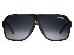 Carrera front view black acetate frame showing classic aviator silhouette and confident look