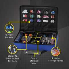 Casemaster case open with twelve darts displayed for organized transport benefit
