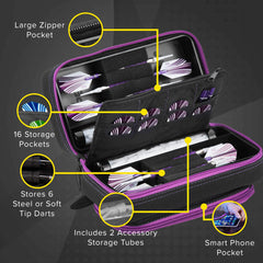Casemaster Plazma Pro opened to reveal organized interior holding six assembled darts and accessories