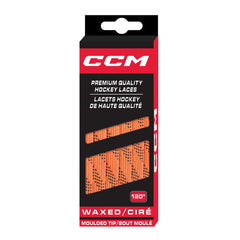 CCM orange-black laces threaded on skate, secure fit and neat appearance