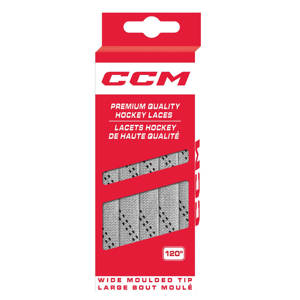 CCM silver grey/black laces front view showing wide profile and easy threading