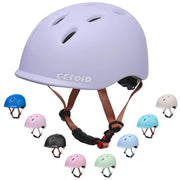 CELOID front view of violet helmet showing shape and vents, clear protection