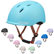 CELOID helmet front view showing shell and buckle, protects during play