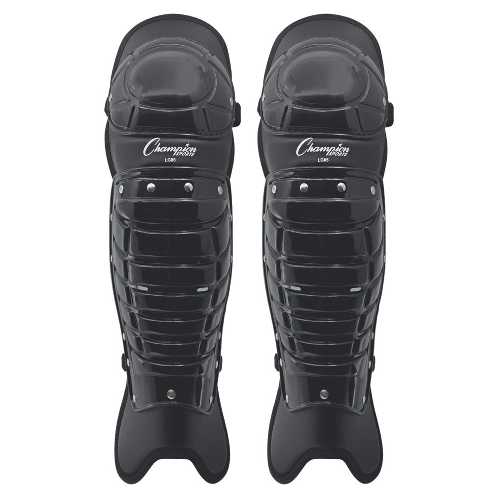 Champion Sports front view leg guards showing full 16.5" coverage and professional look