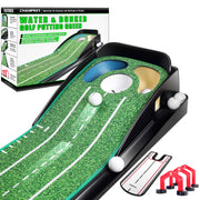 CHAMPKEY putting green front view showing full mat and holes, improves realistic practice