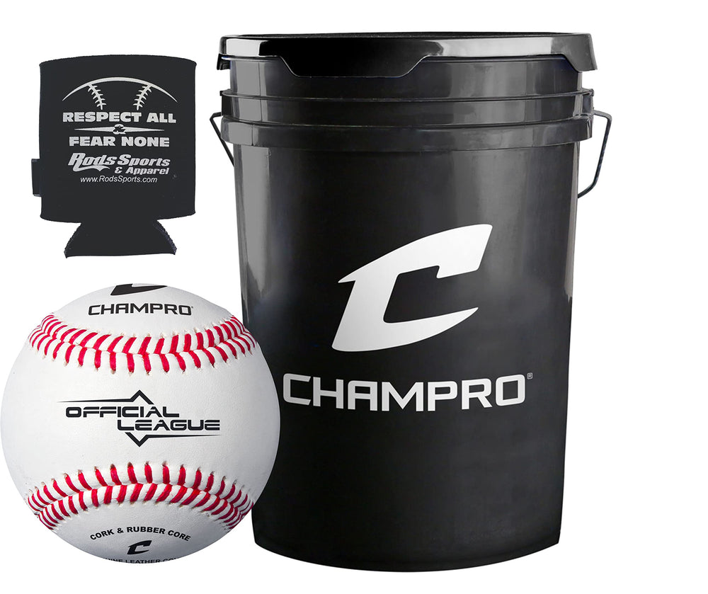 CHAMPRO bucket front view showing 30 baseballs and padded lid for comfortable seating