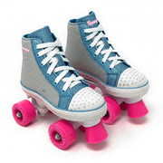 Chicago Skates front view showing glittered design and light-up wheels for playful visibility