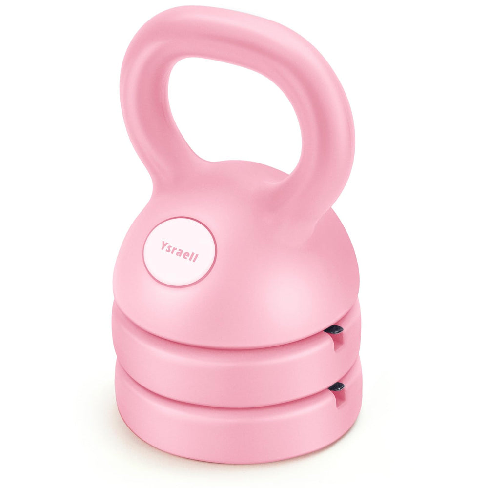 Cisleb adjustable kettlebell front view showing compact pink design and space saving benefit