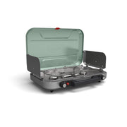 Coleman Cascade 328 front view showing stove and carry handle for easy transport