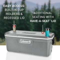 Coleman lid used as seat with molded cup holders offering convenience