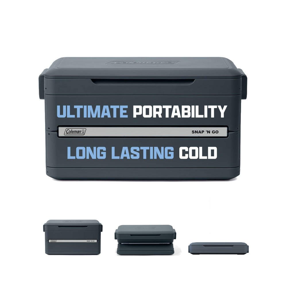 Coleman cooler front view showing mussel grey shell and compact profile, durable storage