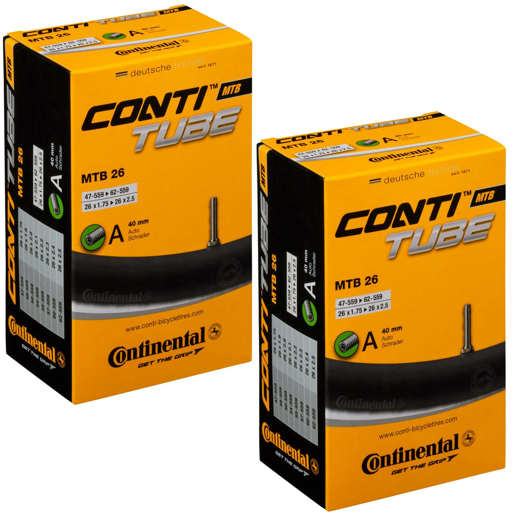 Continental tube front view showing size and pack, durable spare for riders