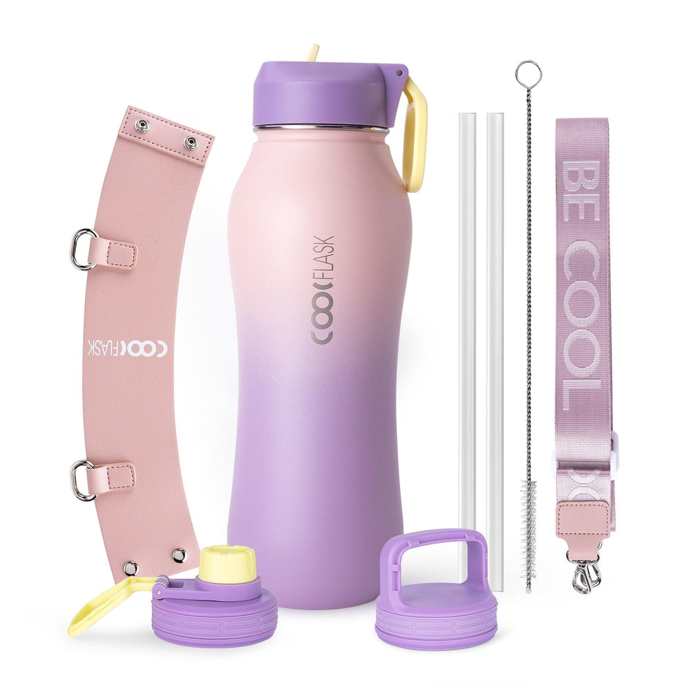 Coolflask front view lilac showing bottle and sleeve for stylish hydration