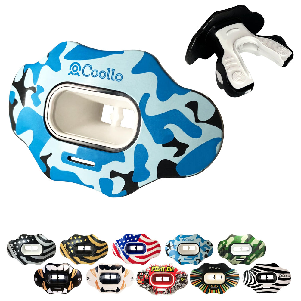 COOLLO SPORTS front view of camo blue mouthguard showing protective coverage and comfort