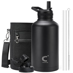 Coolplus front view of black 64 oz bottle showing shape and powder-coat grip benefit