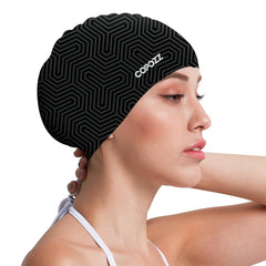 COPOZZ front view of black-stripes swim cap showing full pattern and secure fit