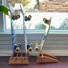 COR Surf stand holding two skateboards showcasing organized, visible storage