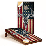 Cornhole Board Wrap front showing GRAPHIX EXPRESS vivid American Flag Deer design benefit: eye-catching instant customization