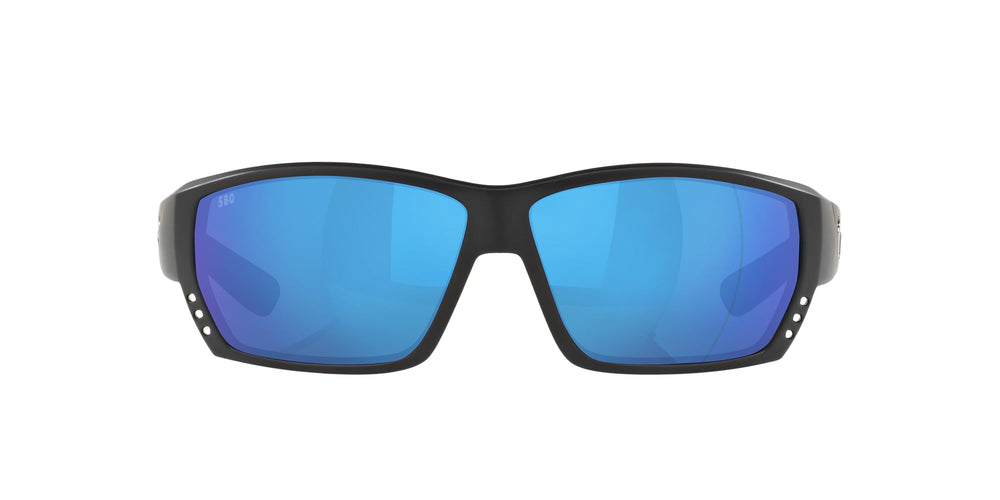 Costa Del Mar Tuna Alley front view showing matte black frame and mirrored lenses for clear vision