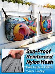Cosweet nets hanging on pool fence with floats inside, quick access