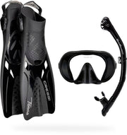 Cressi travel set front view showing mask snorkel and Tonga fins for compact packing benefit