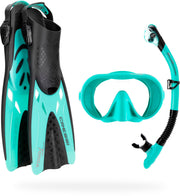 Cressi travel set front view showing mask snorkel and fins, compact packing benefit