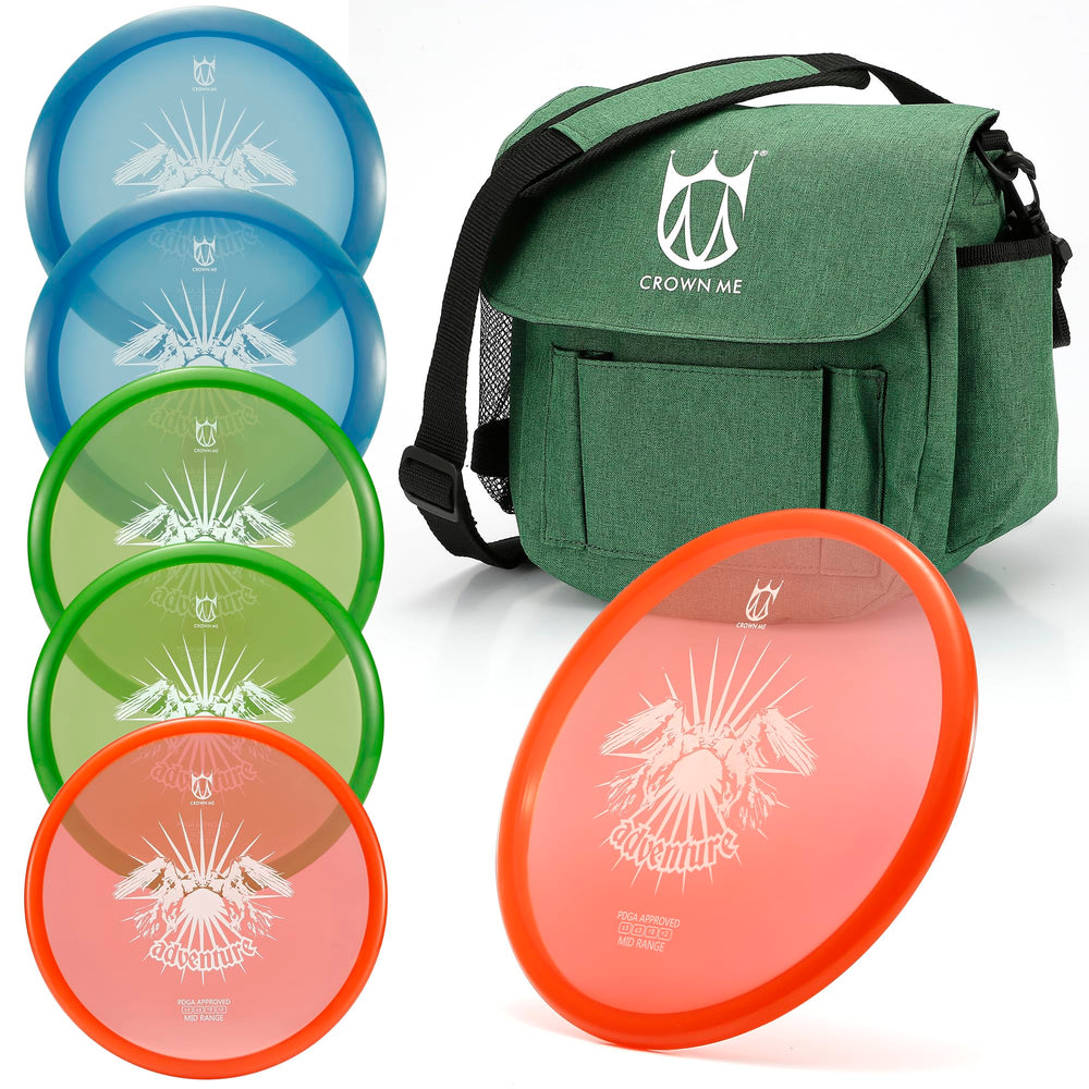 CROWN ME front view of full pro set showing bag and six discs, ready to play