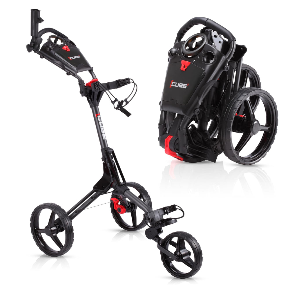 CUBE cart front view showing frame and bag mount for easy course setup