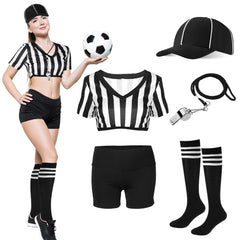 Cuffbow referee costume front view showing striped crop and shorts for confident look