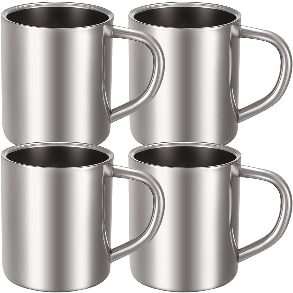 Cunhill front view of the 4-pack stainless steel mugs showing sleek finish and durability