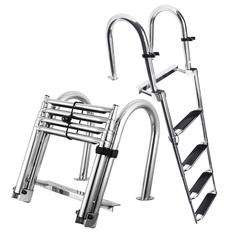 CXRCY front view of ladder mounted on pontoon showing sturdy stainless frame and quick access