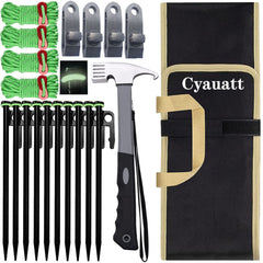 Cyauatt front packaging showing full camping stake and hammer kit for organized storage