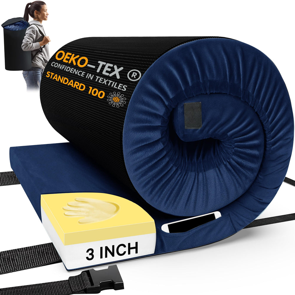 CYMULA front view folded mattress showing compact portability and quick setup
