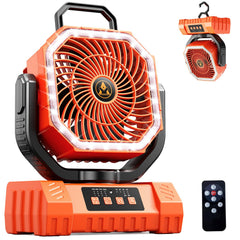 DABOUHORS front view of orange rechargeable fan showing compact design and benefits